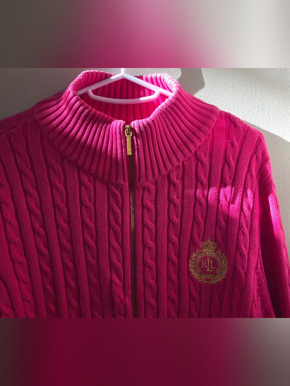 Vintage Ralph Lauren Pink Cable-Knit Zip Sweater Full Zip With Crest 2X - Picture 3 of 8